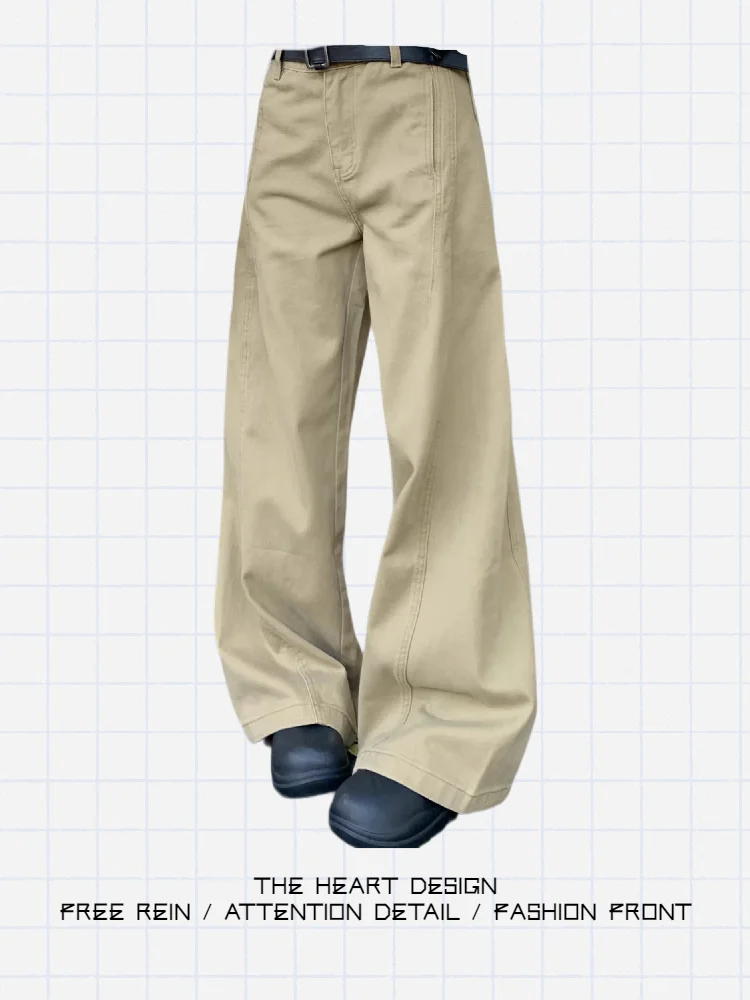 

Khaki American Retro Waed Wide Leg Jeans Women High Waist Versatile Loose Slim Straight Floor-Length Trendy Trousers