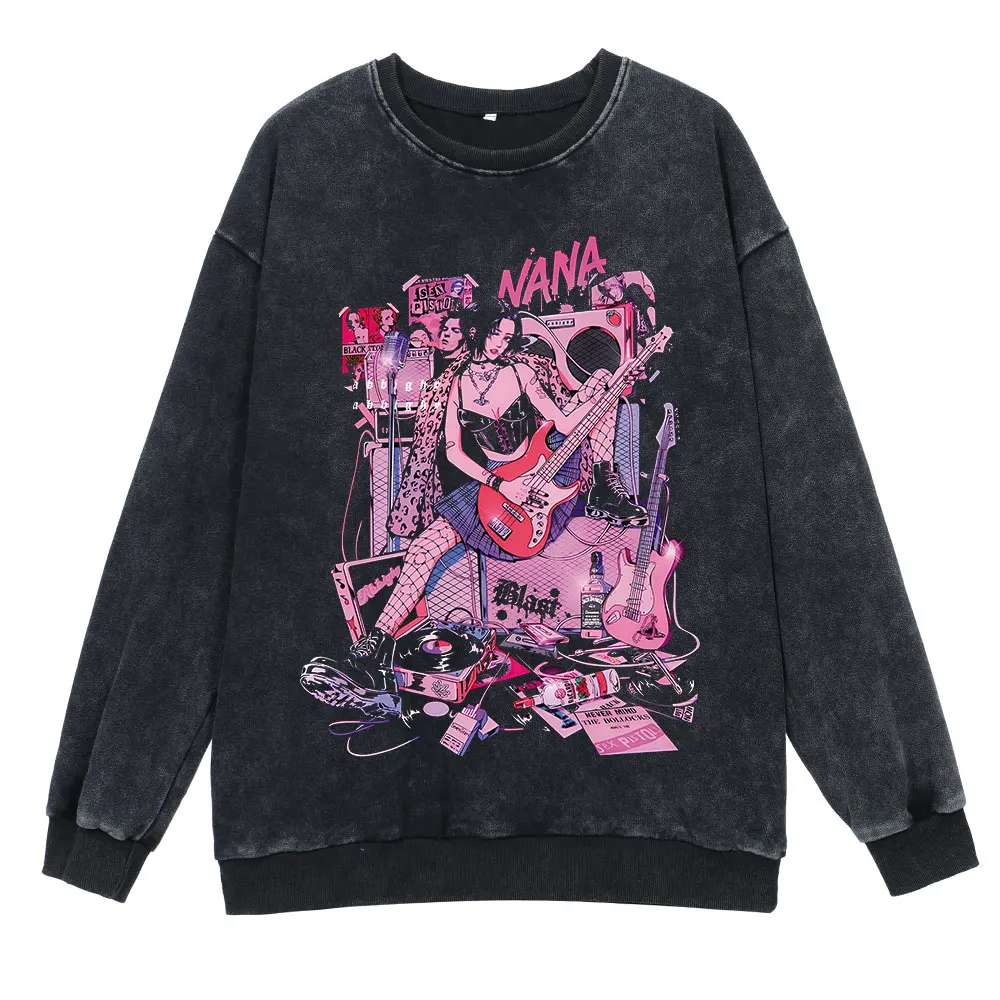 Anime Nana Osaki Round Neck Washed Pullover Casual 100% Cotton Men Women Hip Hop Harajuku Streetwear Vintage Sweatshirt