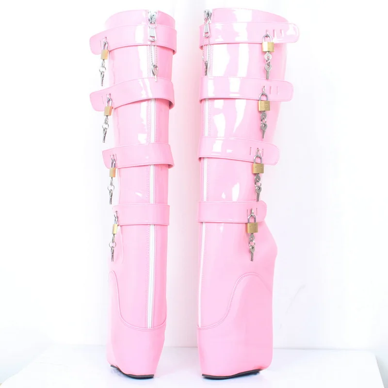 CACA Women Knee High Ballet Boots,18cm Wedges Heelless,Men Slave Dance Shoes,Padlocks Stage show Long Botas,Custom Colors,