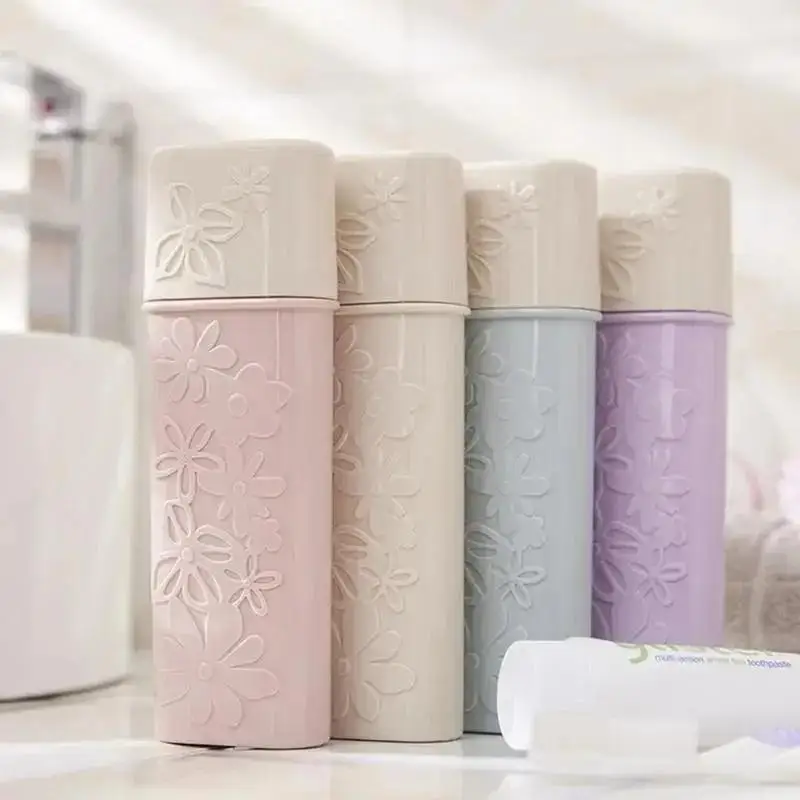 Embossed Pattern Solid Color Toothbrush Box Portable Travel Plastic Covered Dental Kit Box Travel Camping Cleaning Boxes Gadgets