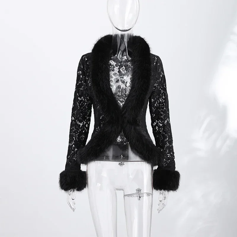 V-Ausschnitt Kurze Kunstpelzjacke für Damen in Schwarz, mit Lochmuster, Spitze, langen Ärmeln, schmal geschnitten, für Herbst und Winter, modische Damenjacke 2026 – Detail 1