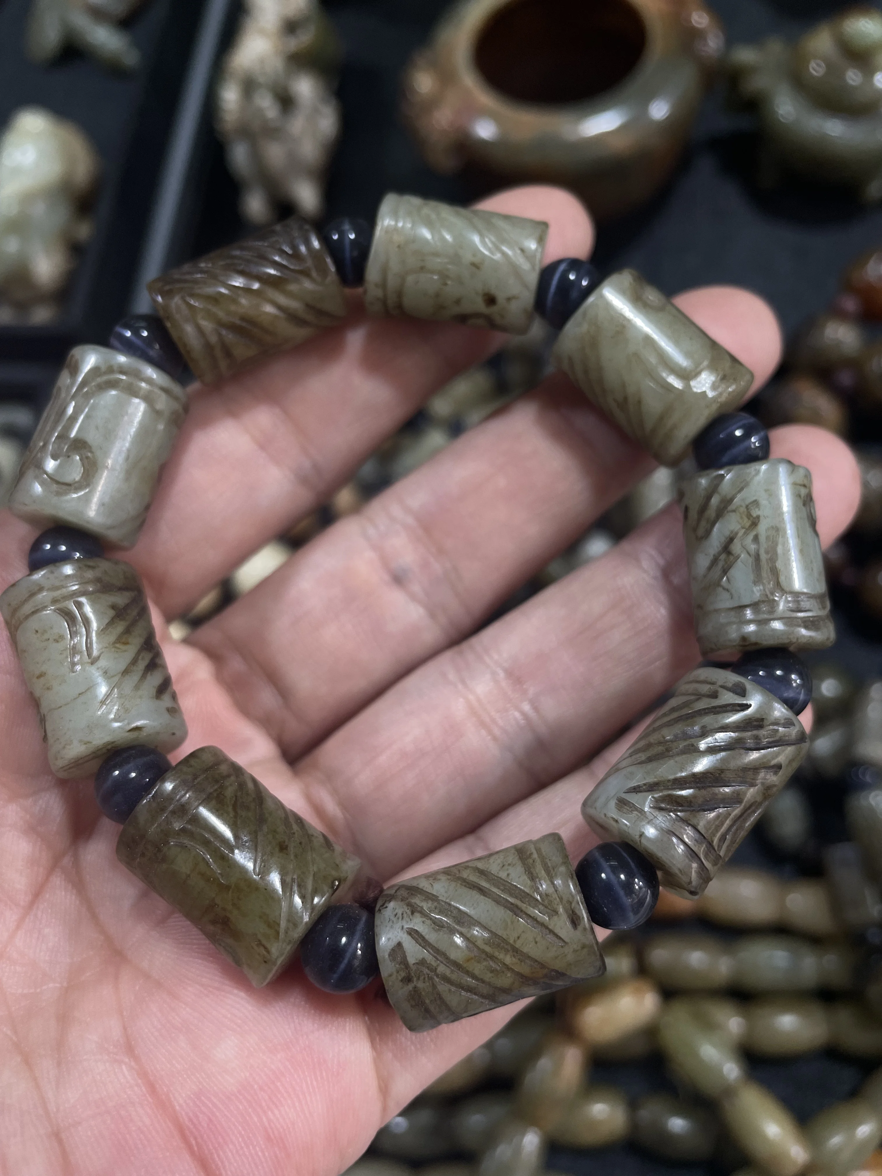 Big Treasure Top Chinese Hetian Old Jade Old Methed Sculptural Bucket Shape totem Bead Bracelet Carving Timestown 20240725A