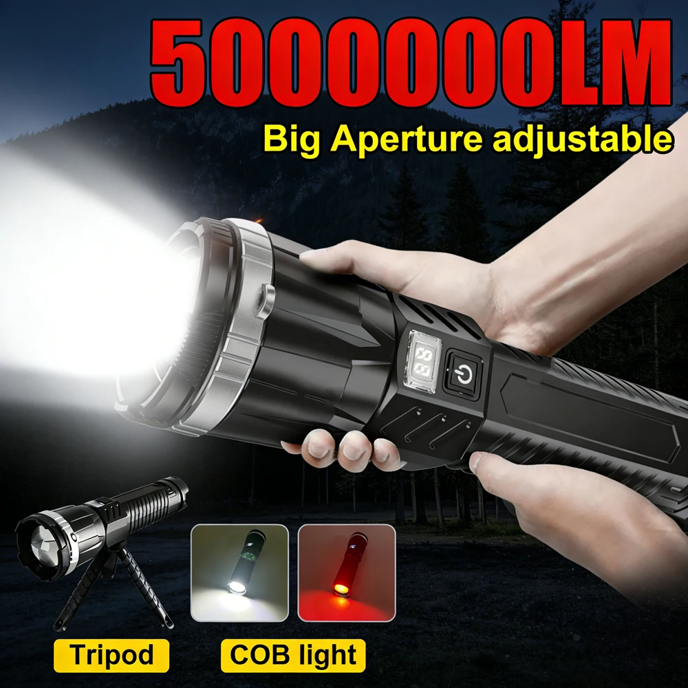 Super Powerful Flashlight with Built-in 3*18650 Rechargeable Waterproof LED Light Big Aperture Zoomable Camping COB Flashlight