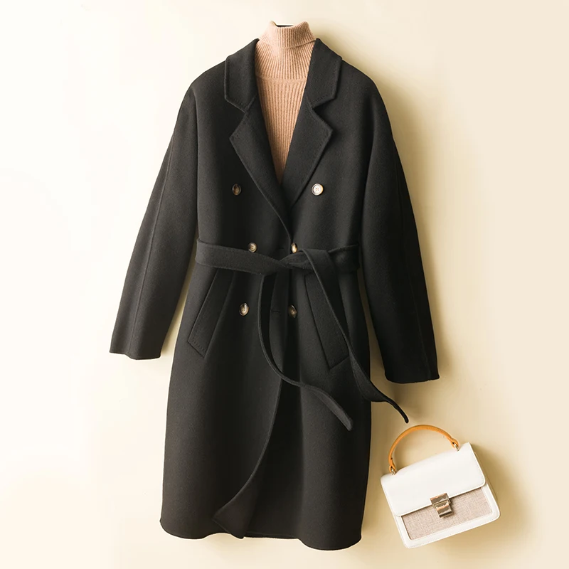 MODERN NEW SAGA 100% Wool Women Coat Autumn Wool Overcoat Winter Warm Double-sided Cashmere Long Coats Lady Double Breasted Belt