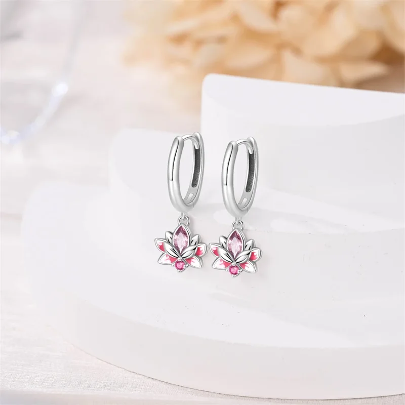 Hot Sales 925 Sterling Silver Pink Lotus Pendant Hoop Earrings For Women Fine Birthday Anniversary Jewelry Gifts view 3