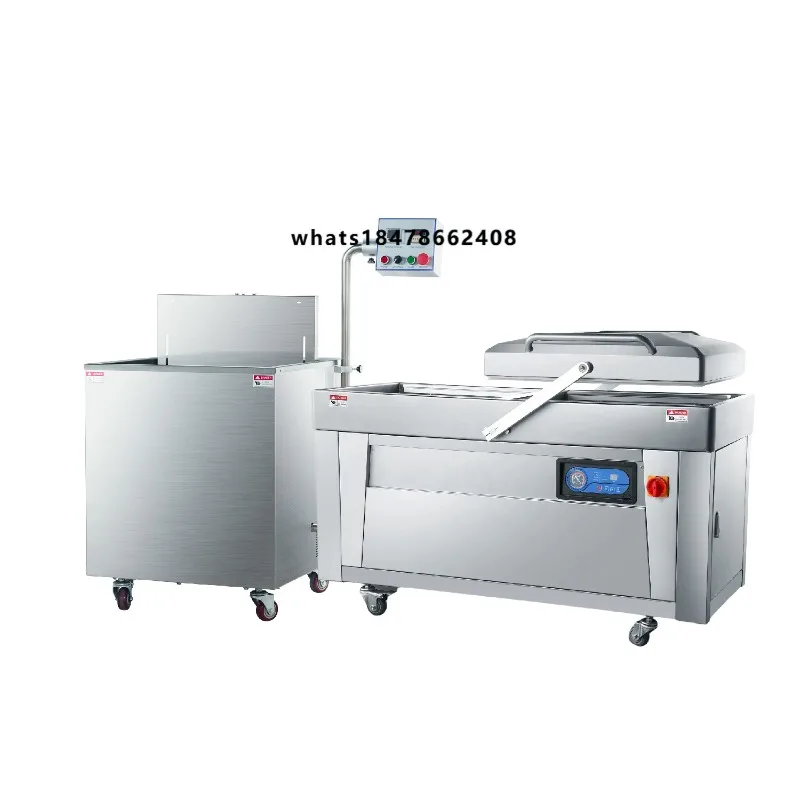 Food Grade Twin Chamber Vacuum Packer with Hot Water Shrink Wrapping Machine for Fresh Meat Cheese Fish Factory  Use