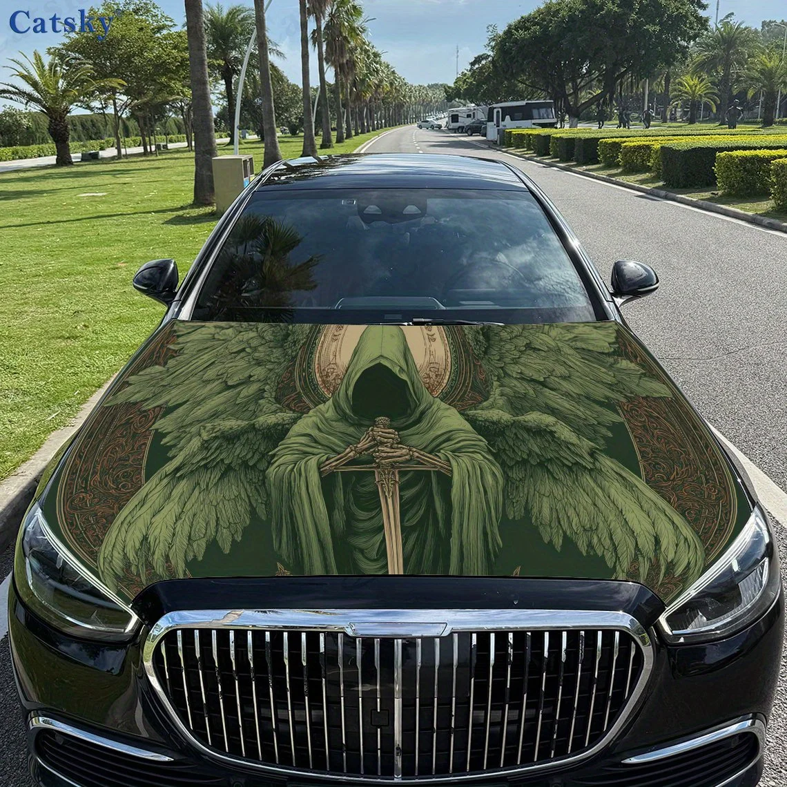 

Classic Green Robe Reaper and Sword Car Hood Vinyl Wraps Sticker, Auto Decal, Waterproof Self-adhesive Vehicle Decal, Anti-scrat
