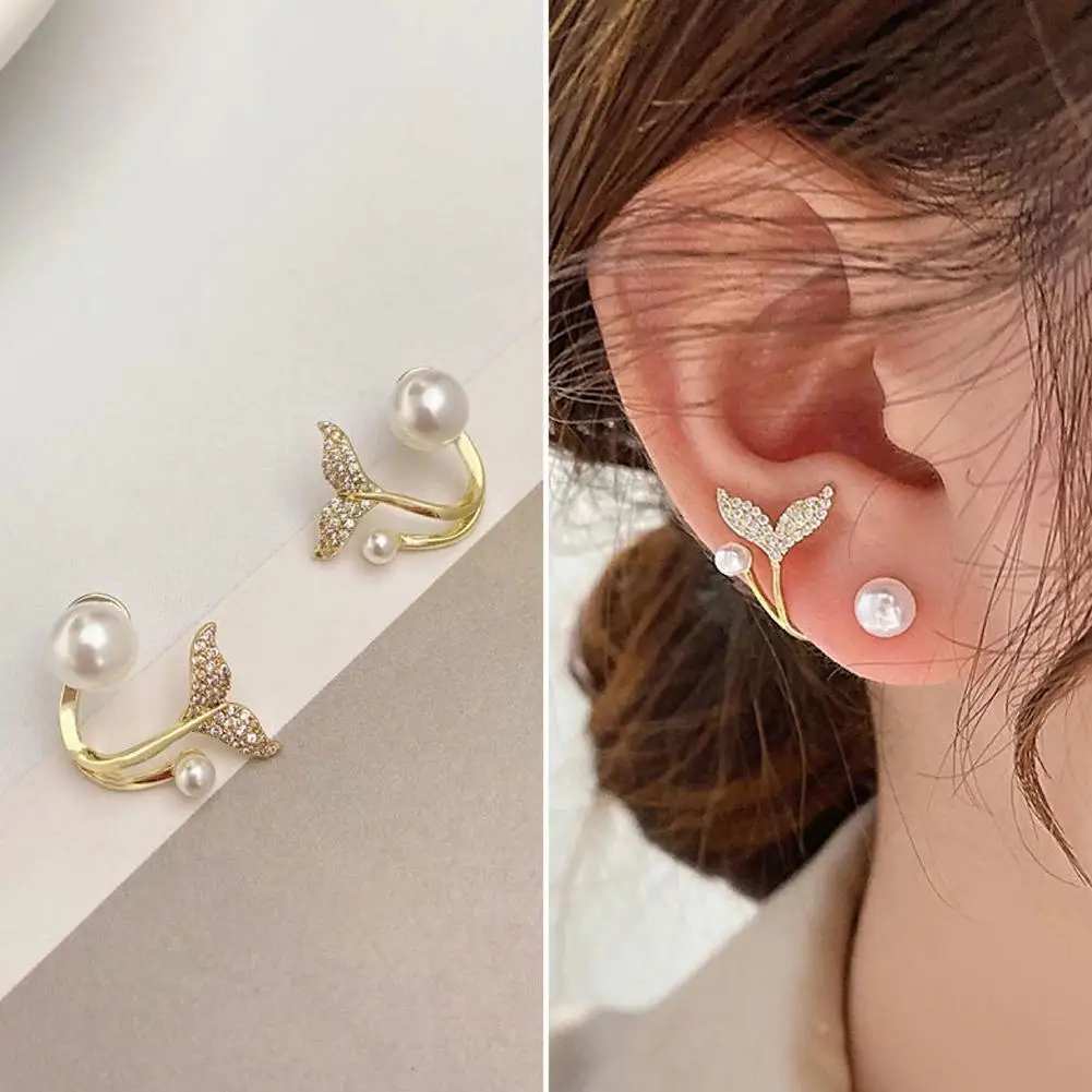 Women Crystal Fish Tail Studs Earrings Gold Pearl Mermaid Tail Ear Cuff Earrings Whale Tail Earrings Birthday Party Jewelry Gift