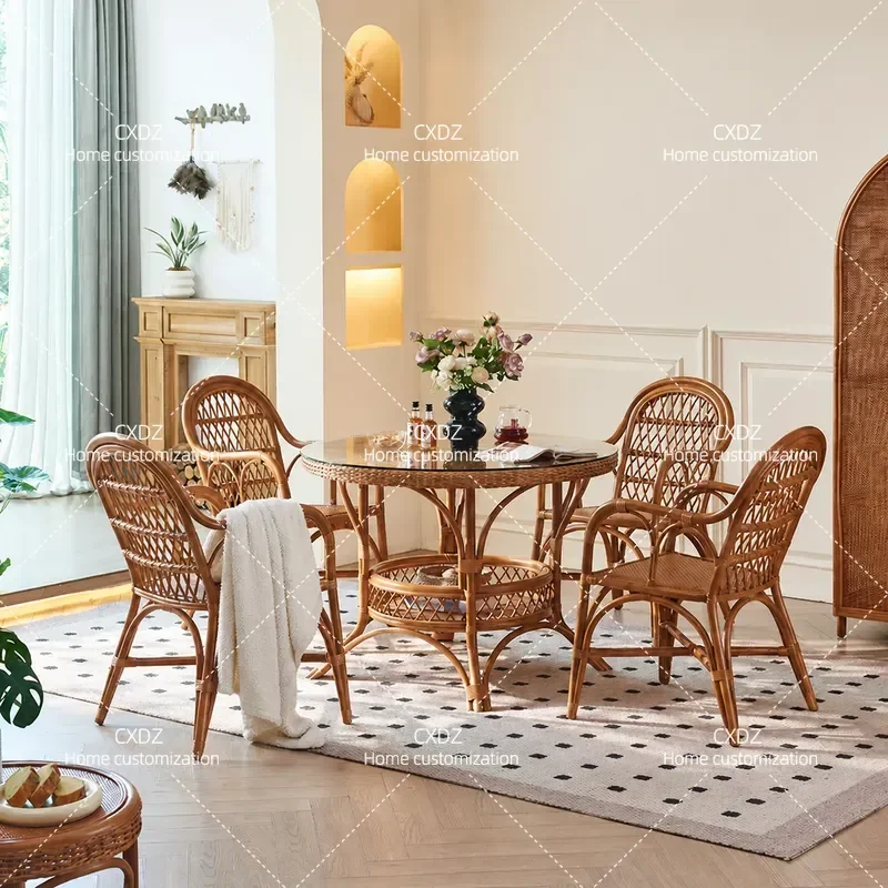 Wabi Sandy Wind Rattan Chair and Dining Table Set 5 Piece Home Restaurant Furniture Medieval Style Homestay Dining Room Combo