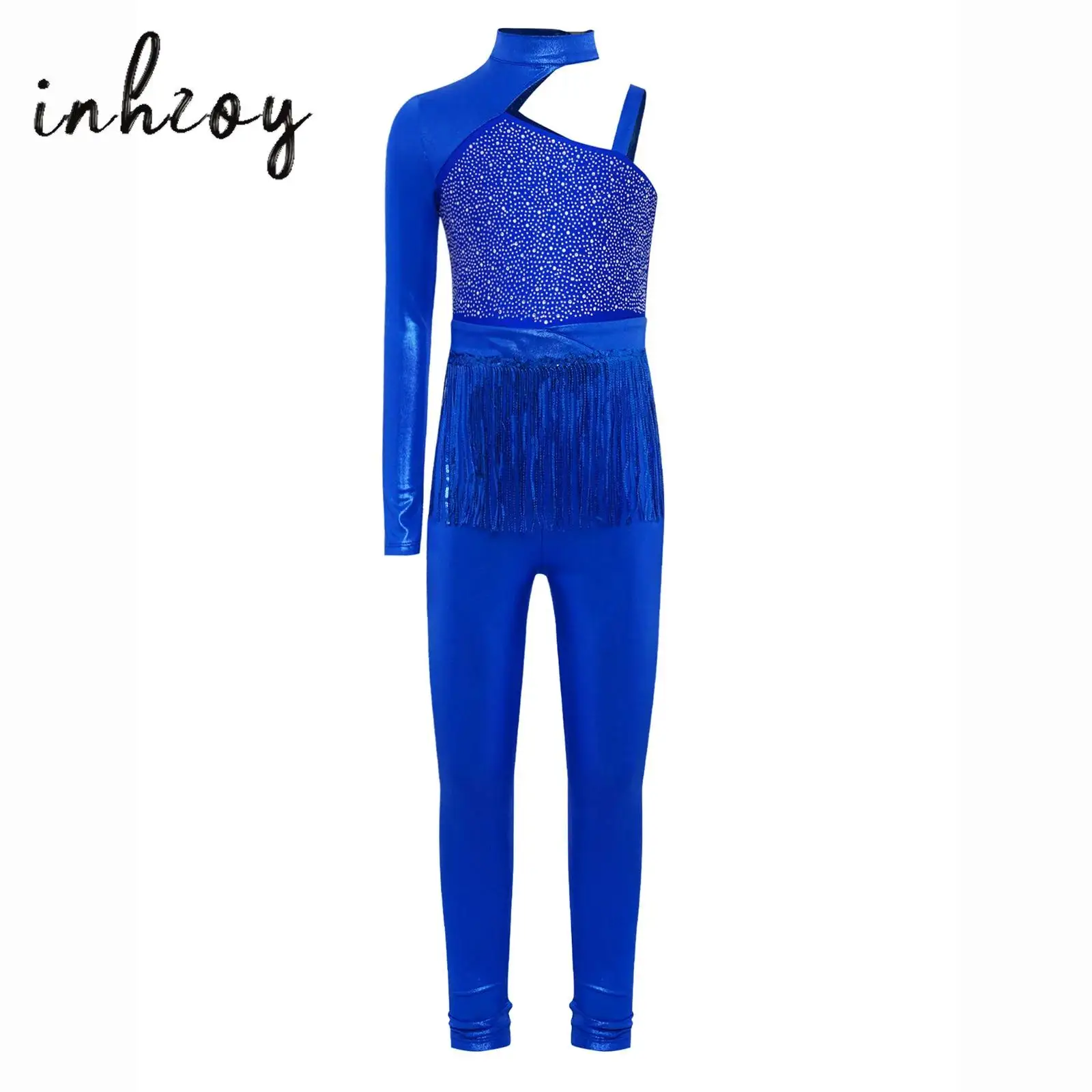 

Kids Girls Jazz Dance Jumpsuit Gymnastics Figure Skating Costume Metallic Shiny Rhinestones Sequin Fringe Asymmetrical Bodysuit