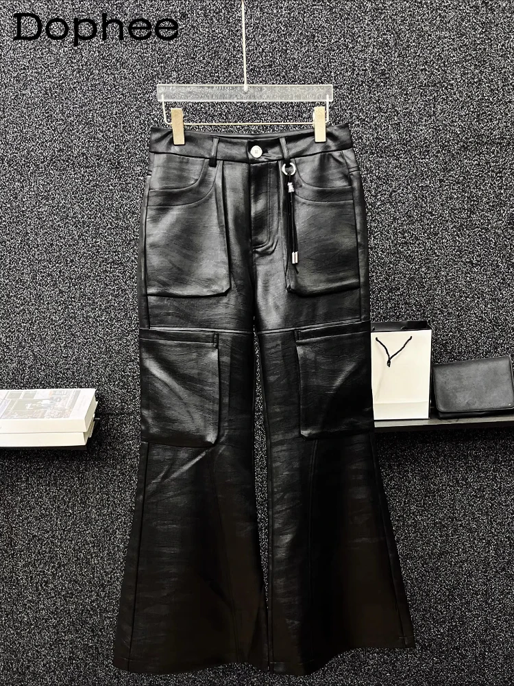 

2025 Men's Autumn High-End Simple Faux Leather Trousers Men's Slightly Flared Multi-Pocket Design High Street Comfort Long Pants
