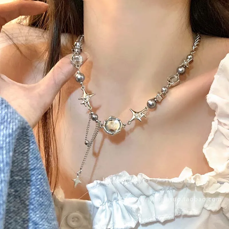 Funkelnde Mondlicht-Stein-Anhänger-Halskette für Frauen, Sternenlicht, unregelmäßige lange Quastenkette, Halsreifen, Accessoires, Modeschmuck – Detail 10