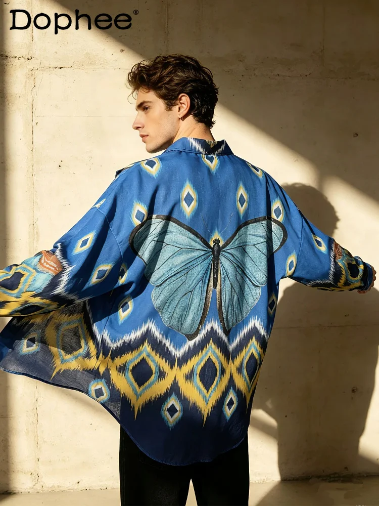 

2026 Summer New Fashion Bright Vibrant Butterfly Print Long-sleeve Shirts Men's Loose Comfort Stylish Tops Color Matching Shirts