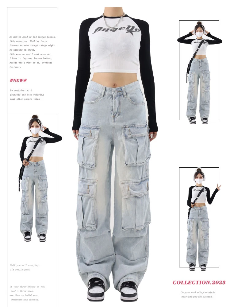 

Women Blue Baggy High Waist Cargo Jeans Streetwear Vintage 90s Y2k Straight Harajuku Denim Trouser Korean Wide Leg Cowboy Pants