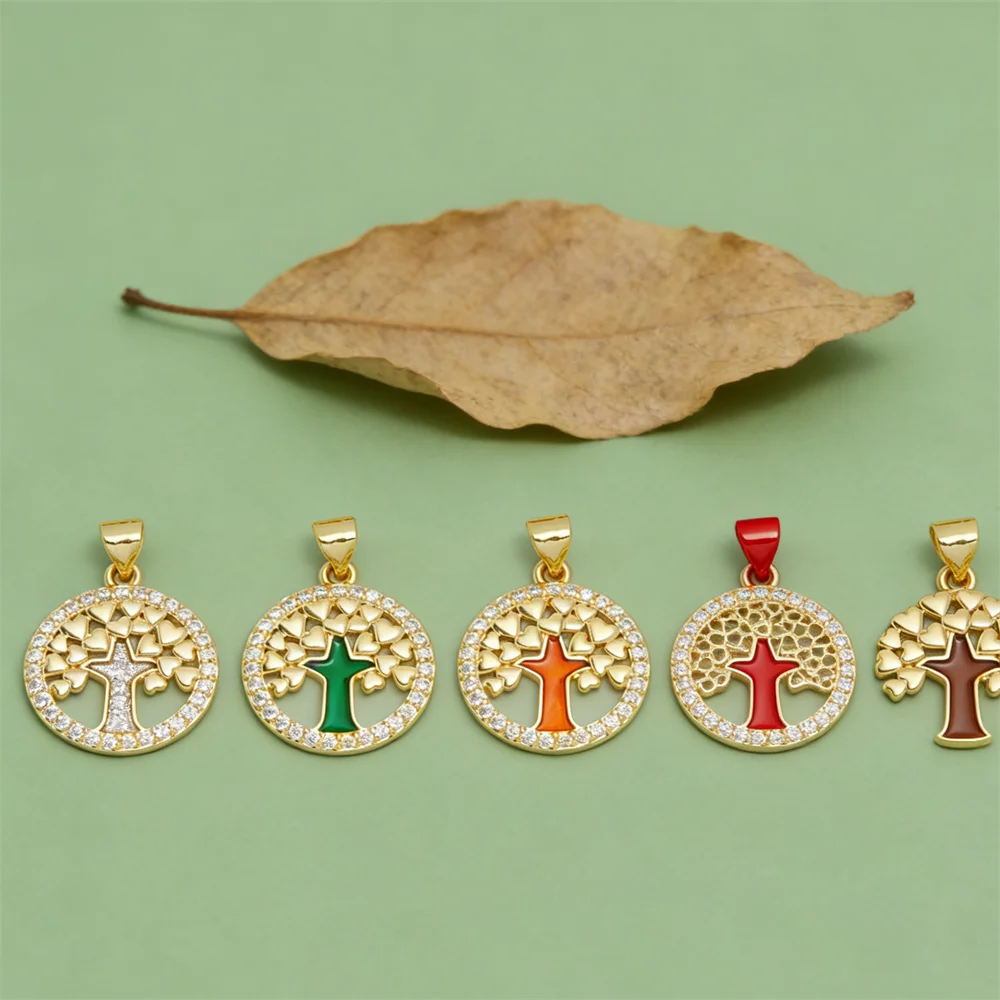 

4Pcs Pendants Brass Cubic Zirconia Enamel Tree Heart Charms for DIY Jewelry Necklace Bracelet Round Hollow Accessories Women Men