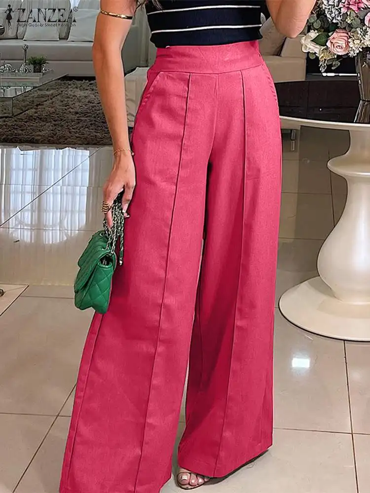 ZANZEA Women Casual Loose Pants Capris Elegant Wide Leg Pant 2024 Summer OL Solid Trouser Oversized High Waist Pantalon Palazzo