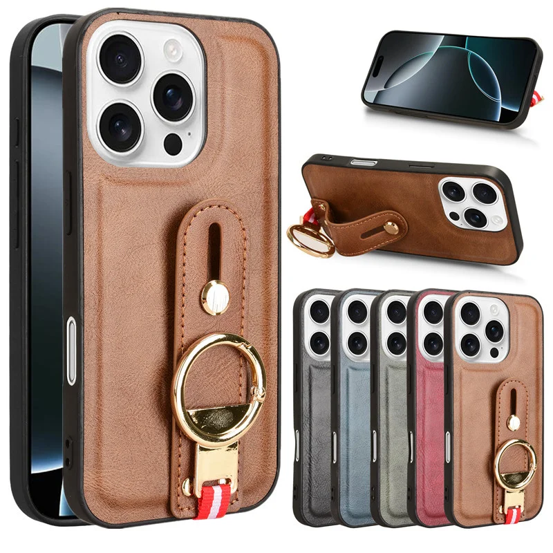 Luxury Wristband Leather Stand Case for iPhone 16 Pro Max 15 14 Plus 13 12 Mini Cover Ring Opener Coque Fundas Capa