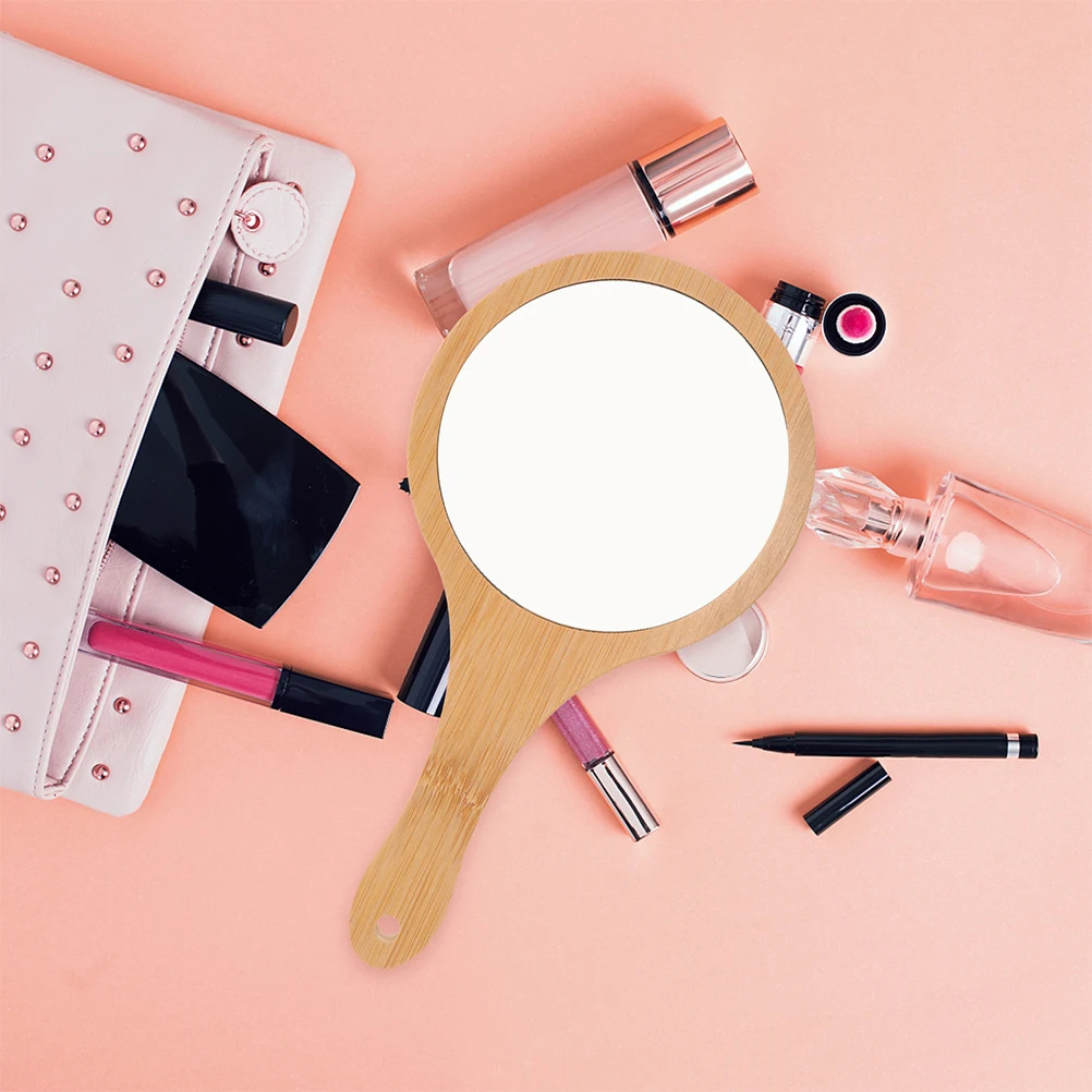 Kleiner Make-up-Spiegel mit Bambusgriff, hochauflösende Glasoberfläche, kompakt, handgehalten, für Frauen unterwegs, Touch-Ups, modisch
