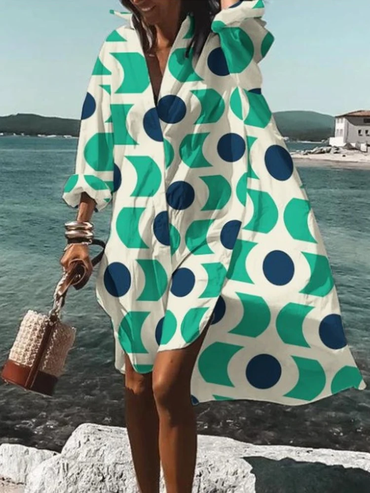 Casual Seaside Beach Loose Printed Shirt Dress Women Retro Lapel Button Long Sleeve Dress Fashion Summer Bohemian Dresses