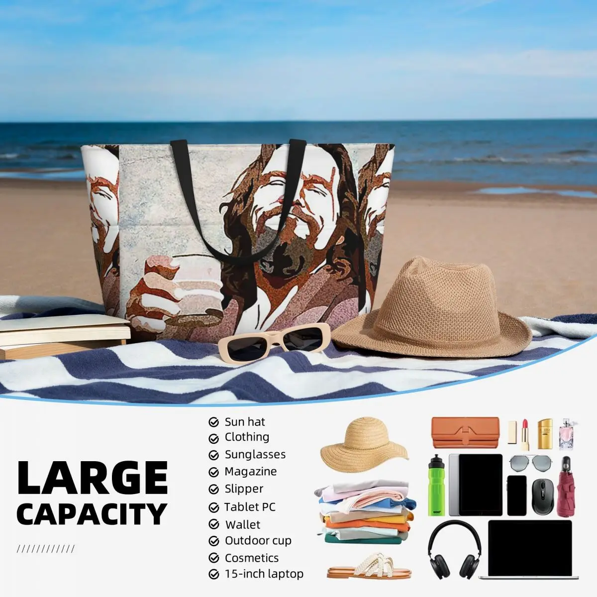 กระเป๋าโท้ทลายบิ๊กเลโบสกี้ ดู๊ด พอร์เทรต สำหรับใส่ของไปชายหาด ออกกำลังกาย เล่นโยคะ กระเป๋าเดินทางสำหรับผู้หญิง กระเป๋าฟิตเนส