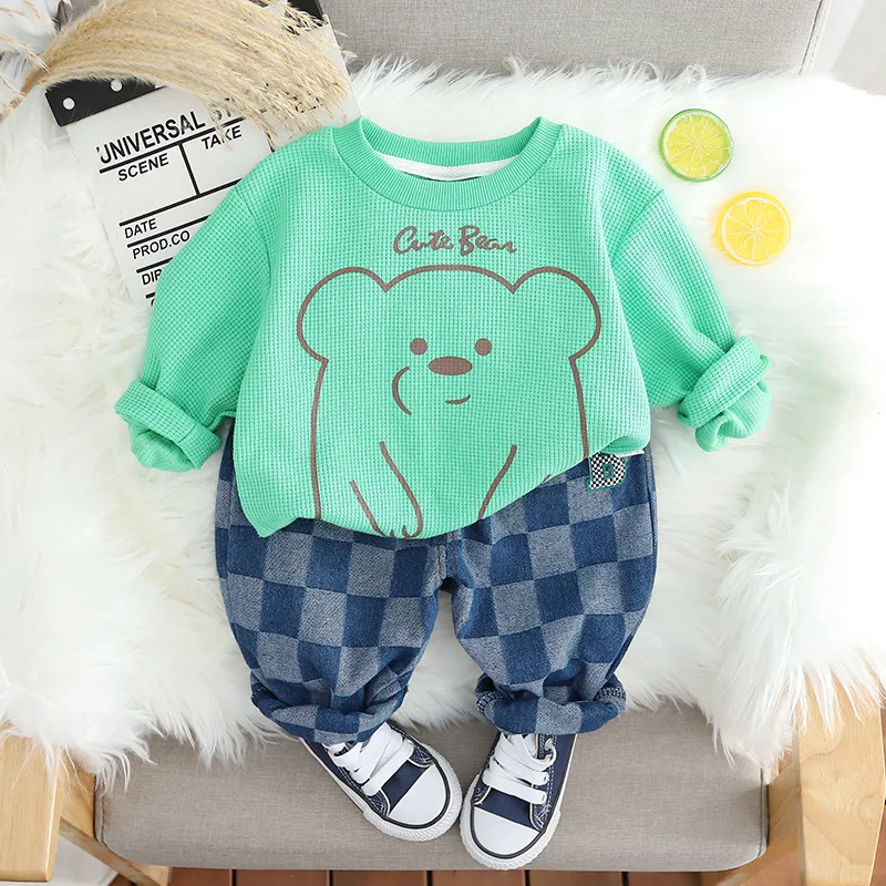 

Baby Autumn Set Boys Clothing Children's Spring 2023 New Long Sleeve Sweater Checkered Denim Pants Two Piece Set for Girls 1-5Y