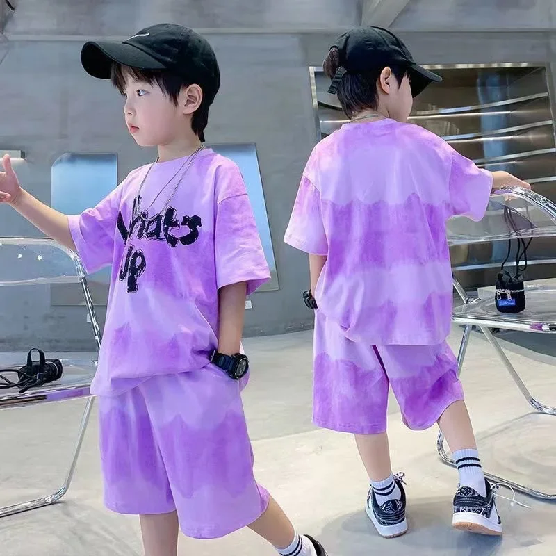 Children Boys Clothes Gradient Color Kids T-Shirt & Loose Shorts 2pcs Set Teenage Graffiti Tracksuit Hiphop Style Letter Outfit