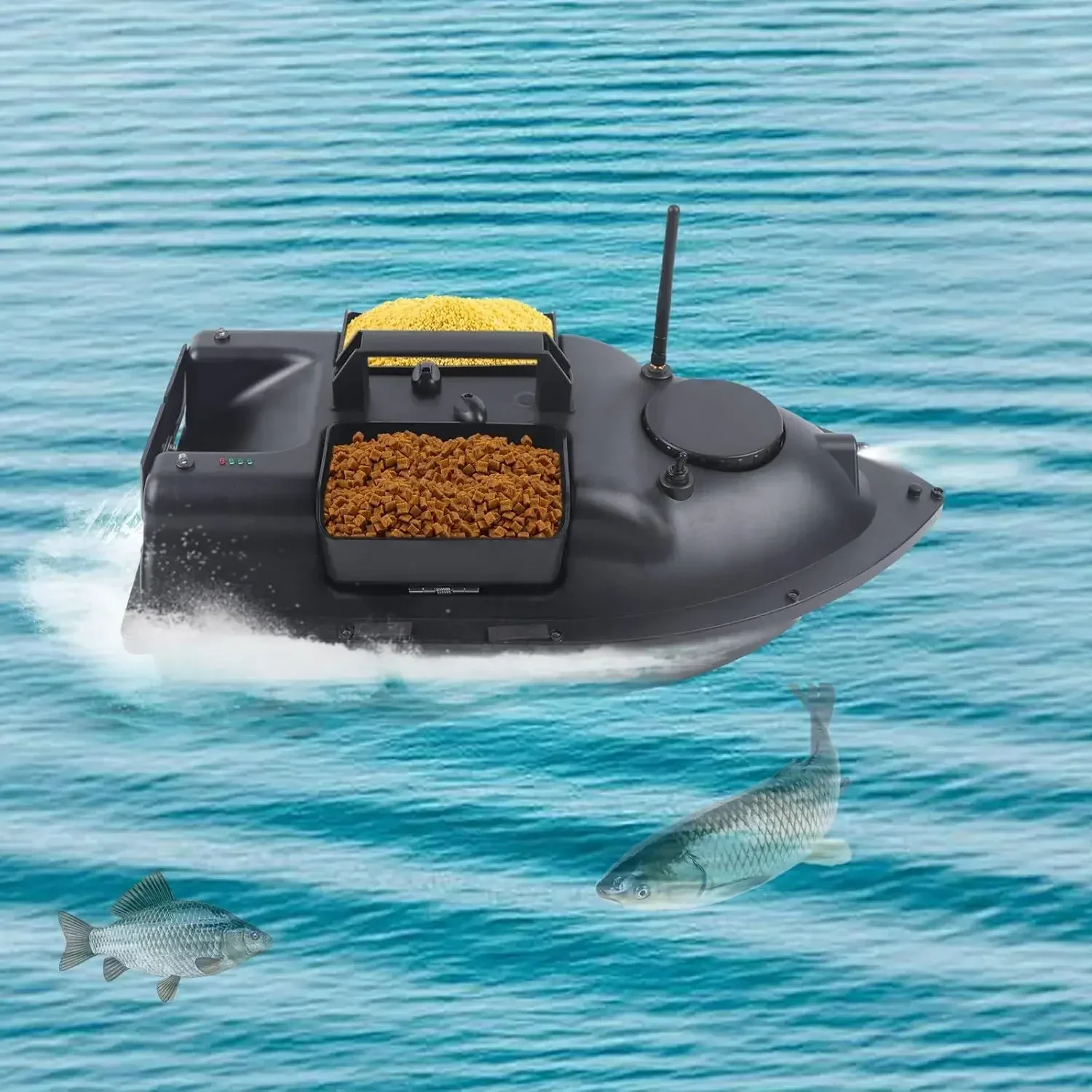 220V Futterboot 500m Angelköder-RC-Boot mit LED, 2kg Angelköder-Fernsteuerungsschiff, Kabelloser Köderboot-Fischfinder NEU (Schwarz, 19,69*9,84*6,69 Zoll)