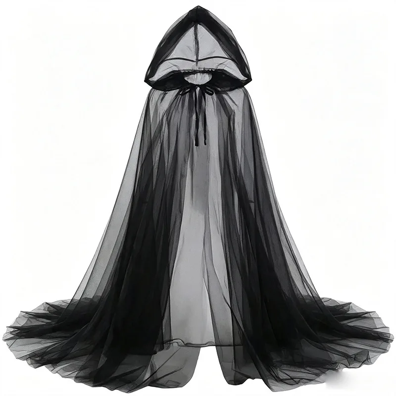 Damen Halloween Schwarzer Transparenter Tüllumhang Langer Kapuzenumhang Geister-Hexe-Vampir-Cosplay-Kostüm Karnevalsparty Faschingskleid – Detail 3