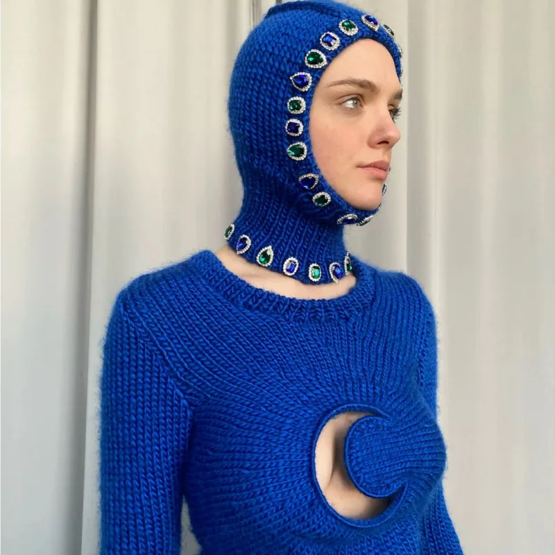 2023 Unisex New Hand-woven Gem-set or Metal Studs Woolen Pullover Hat Neck Guard Hood Stylish and Versatile