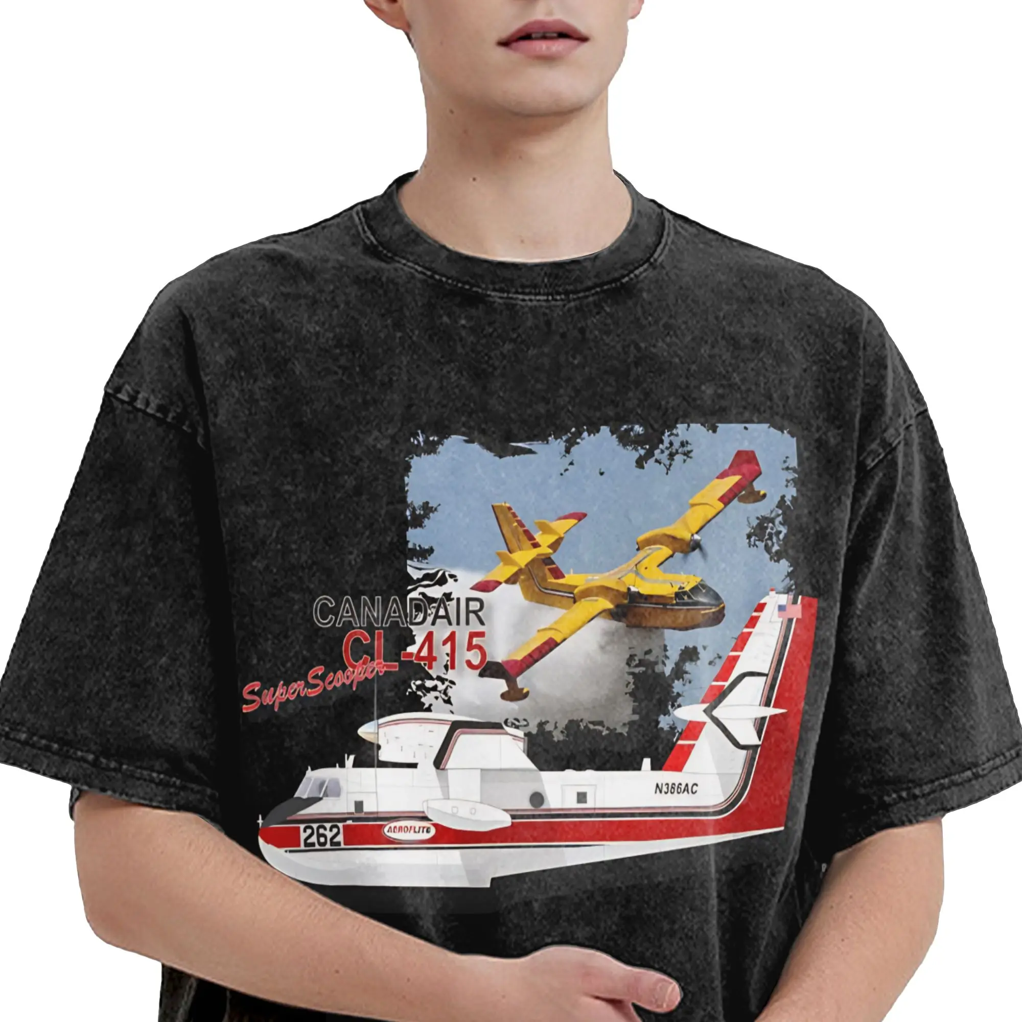 Harajuku Washed Shirt Canadair cl-415 Super Scooper firebomber Aircraft Outfit Vintage T Shirt Oversize  Streetwear Short Sleeve