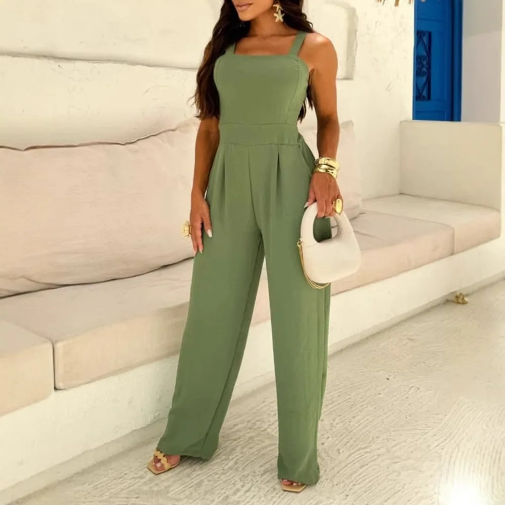 Damen-Overall mit quadratischem Ausschnitt, Spaghettiträger hinten, geraffter Cinch-Taille, weites Bein, eleganter Overall