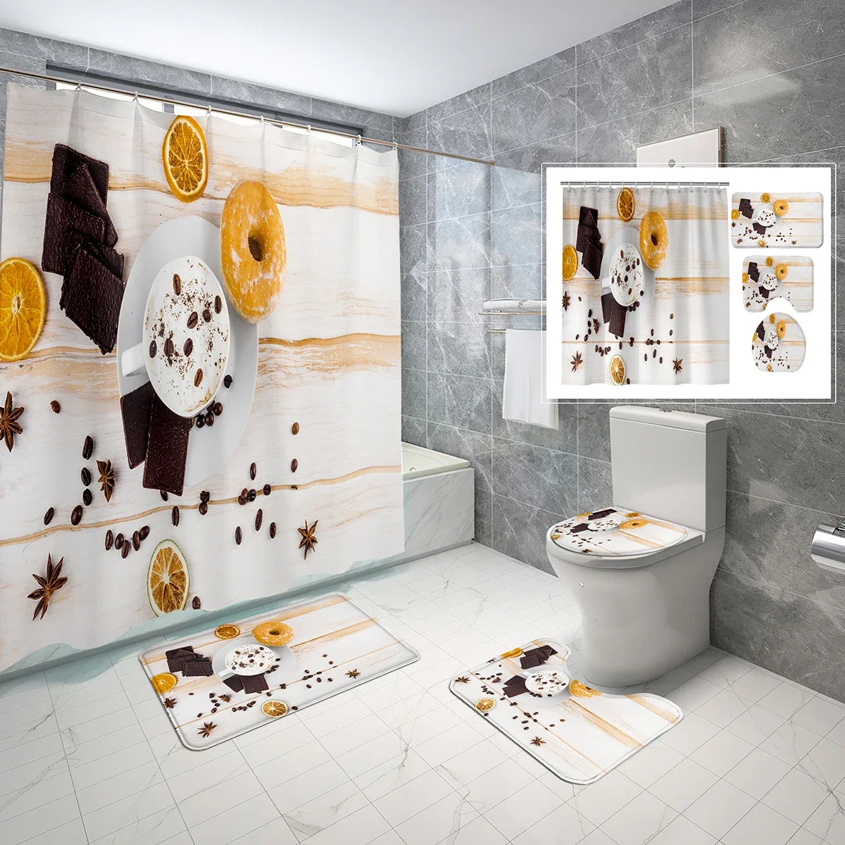 4 Pcs Chocolate Shower Curtain Sets with Toilet Lid Cover and Non-slip Bath Mat Sweets Food Style Waterproof Shower Curtain Set