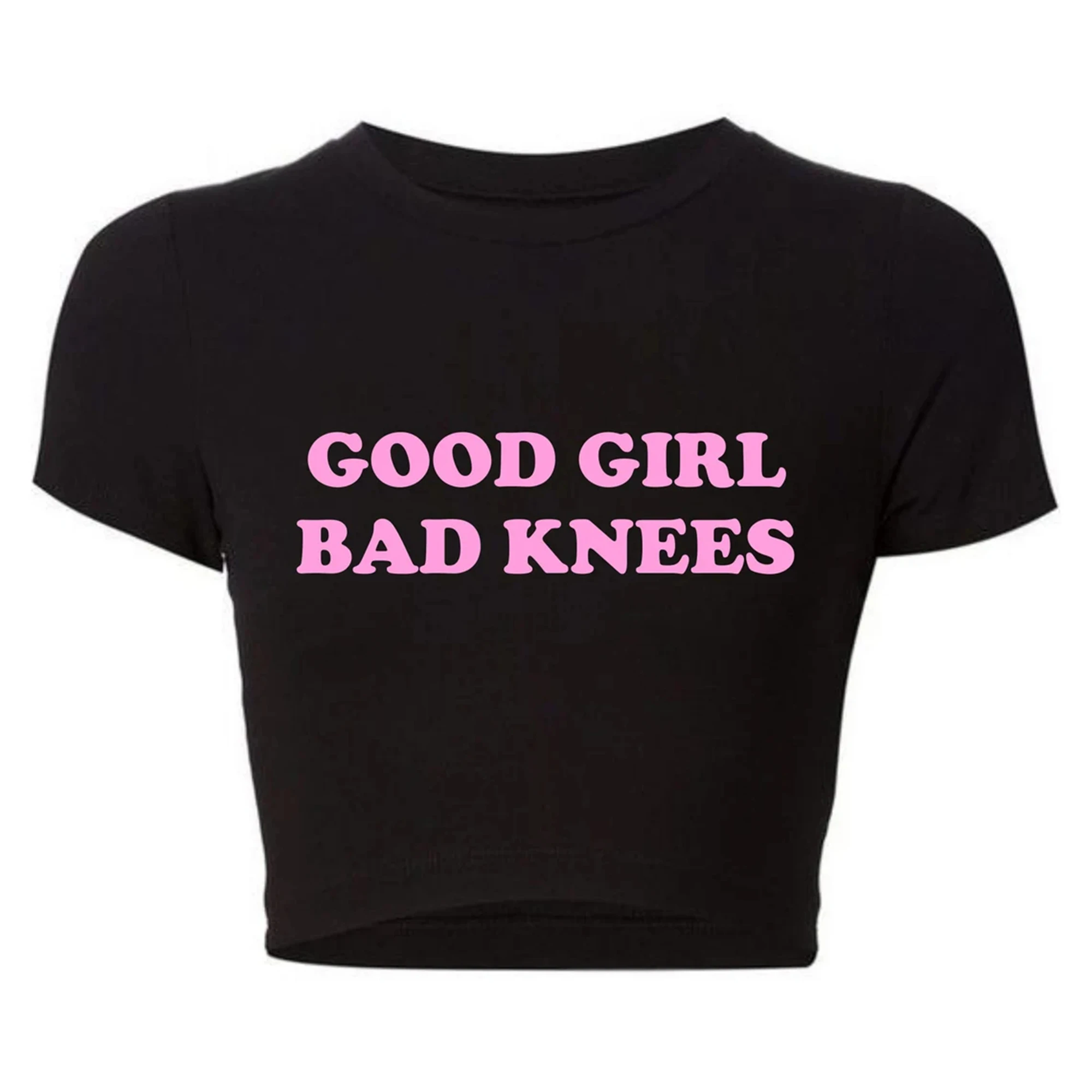 Good Girl Bad Knees Crop Top Girl‘s T-Shirt Baby Tee Y2K Clothing Trendy Funny Tee Summer Cotton Womens Streetwear