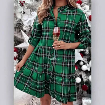 Plaid Shirt Dress Fashion Stitching Loose And Flared Hemline Featuring Long Sleeves Dress Woman V-neck Dresses Casual Sundress