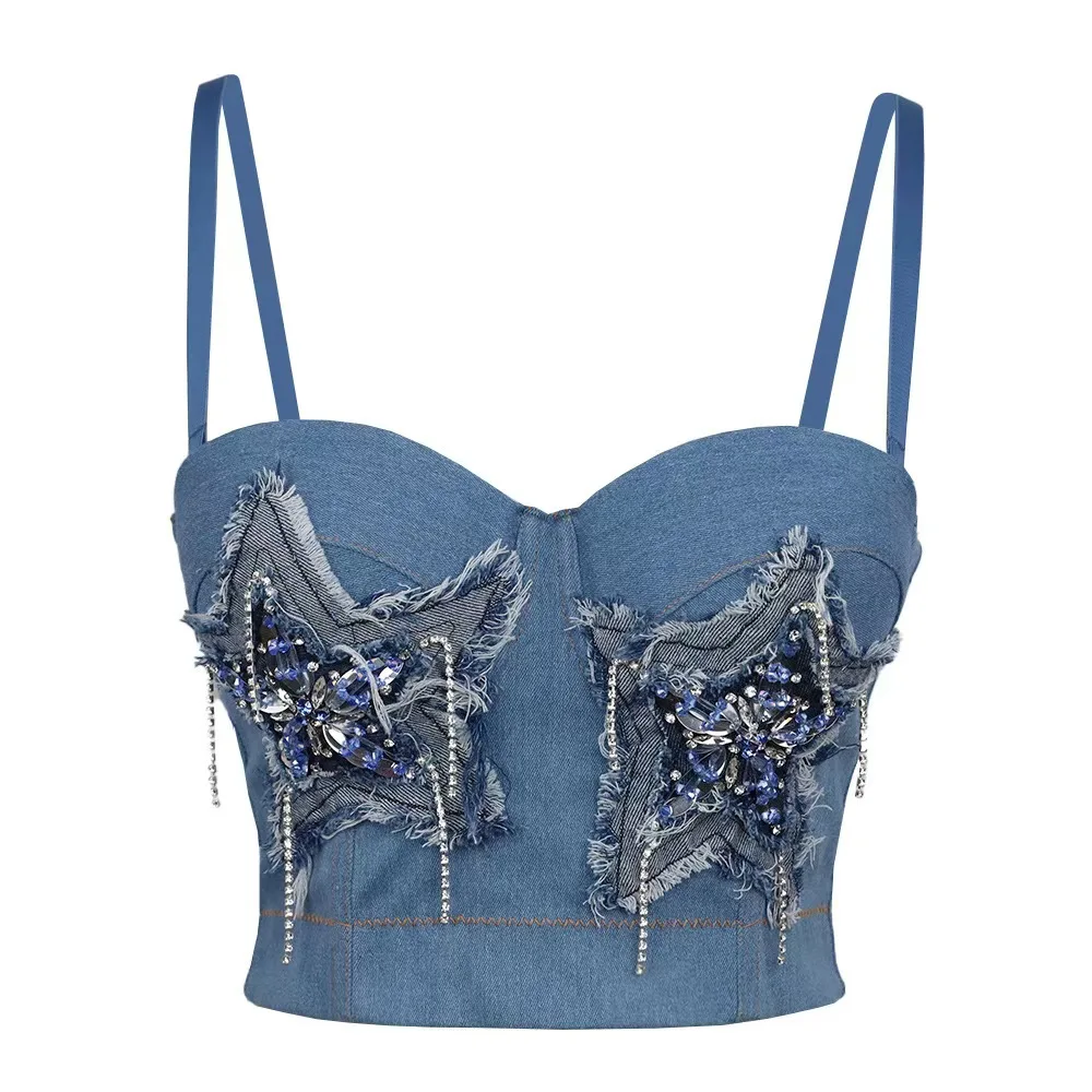 

Retro French slim vest female fishbone bra elastic denim handmade nail diamond suspenders high quality beautiful back suspenders