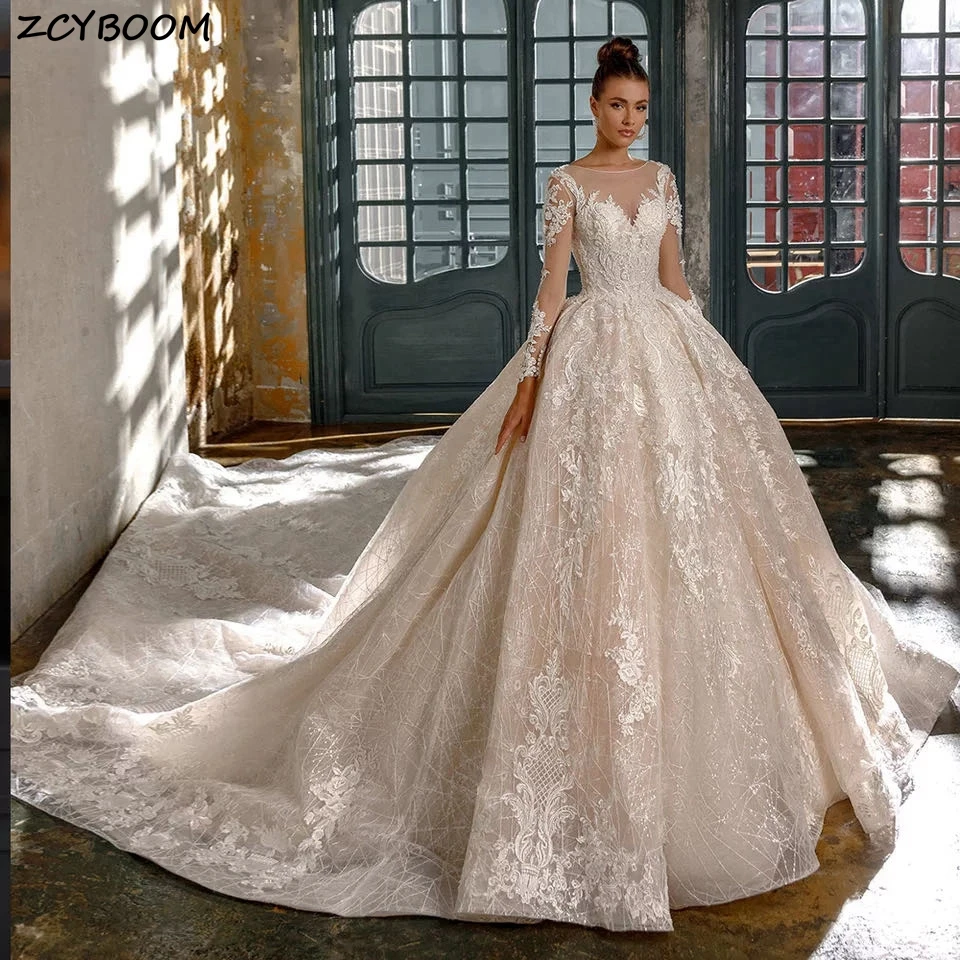 

Champagne Ball Gown Wedding Dresses Elegant Lace Applique Long Sleeves Luxury Princess Bridal Gowns 2023 Illusion Robe De Mariee