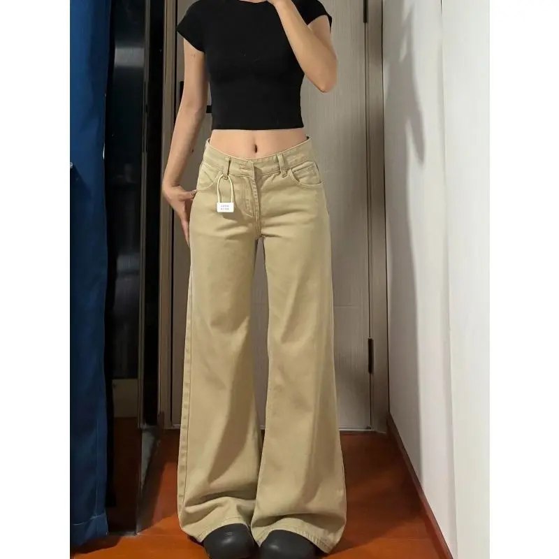 

Американские винтажные расклешенные джинсы, женские новые свободные брюки цвета хаки с низкой талией, прямые брюки длиной до пола, универсальные джинсовые брюки, брюки Bootcut