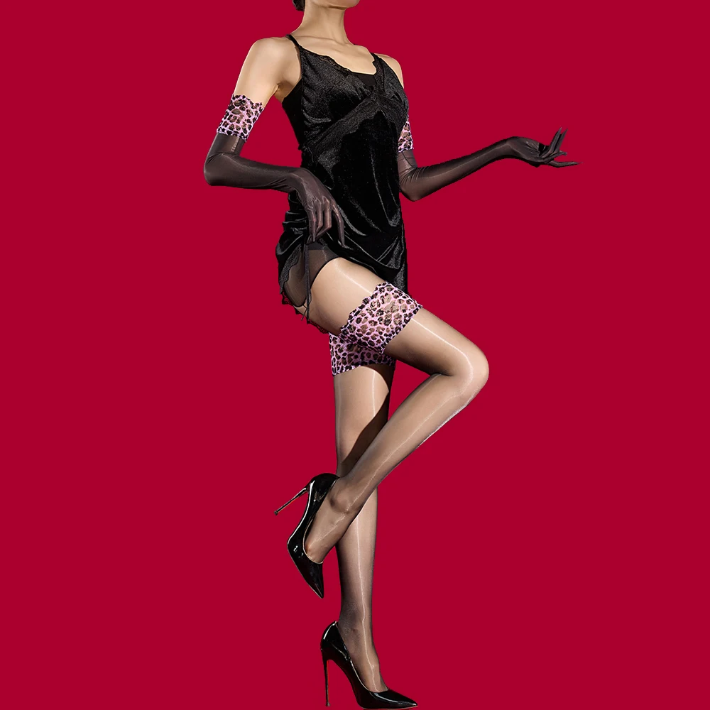 Women Leopard 360 Seamless Fake High Stockings Pantyhose Fashion Patchwork Thin Tights Shaping Maid Stockings With Glove