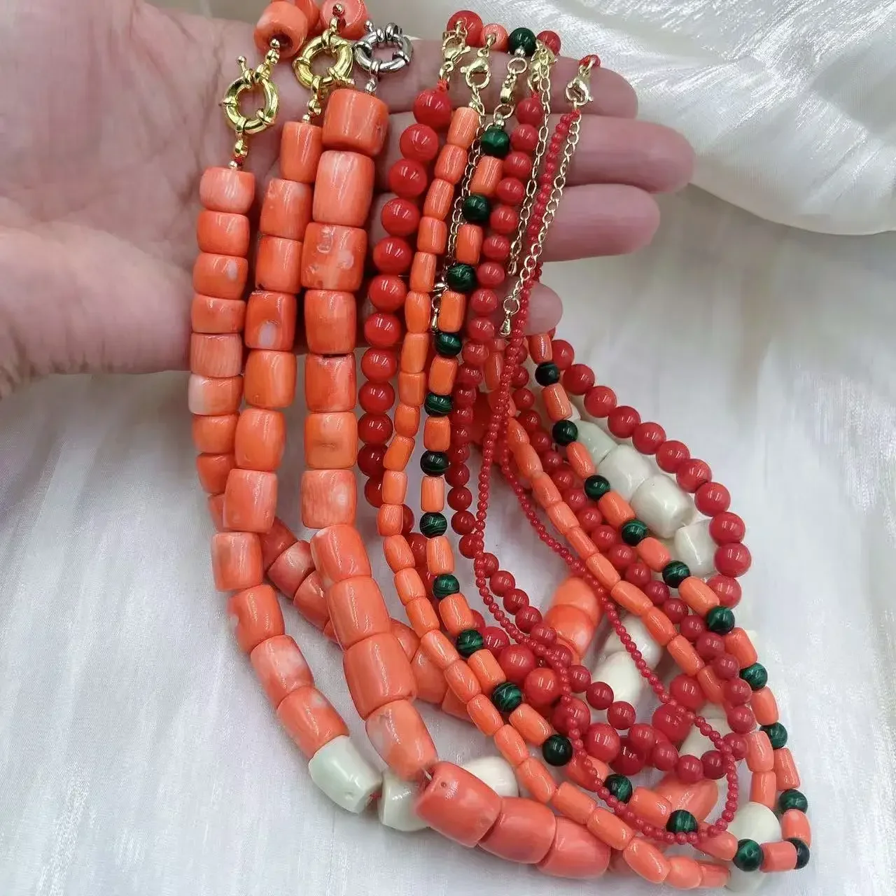 Orange Red Vintage Round Natural Sea Bamboo Coral Women Jewelry Short Collar Necklace 17-20inch view 2