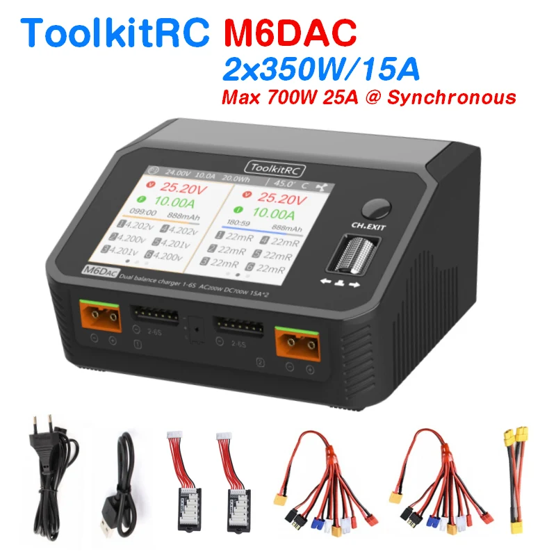 

ToolkitRC M6DAC Dual Channel Smart Lipo Battery Charger Discharger AC 200W DC 350WX2 15A for 1-6S LiHV Lipo Battery PD 65W