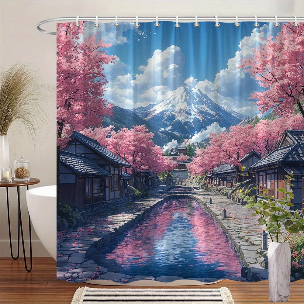 

Декоративная шторка для душа в японском стиле: розовые деревья сакуры и каменная дорожка, горный пейзаж, машинная стирка, полиэстер
