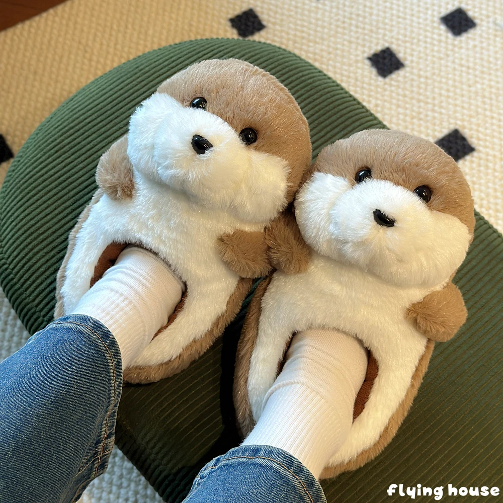 

Kawaii Otter плюшевые тапочки, милая теплая хлопковая домашняя обувь, мягкие нечеткие тапочки для женщин и девочек, нескользящая домашняя обувь на плоской подошве