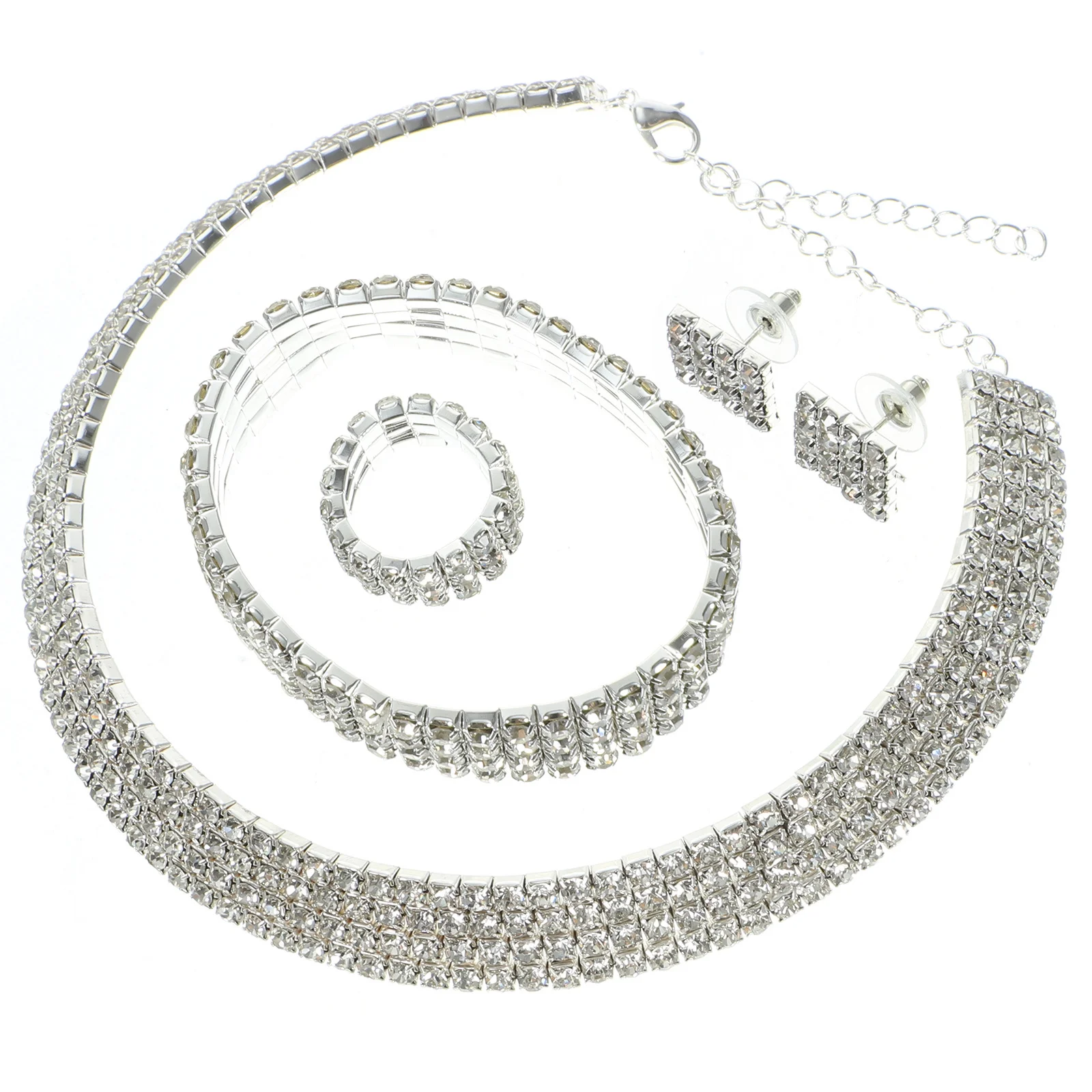 

1Set Women Rhinestone Jewelry Set Bridal Necklace Earrings Ring Bracelet for Evening Party Wedding Gift