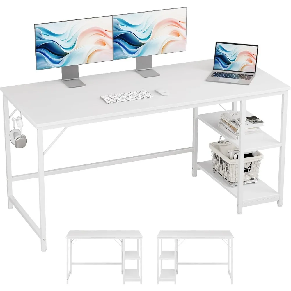 

JOISCOPE Home Office Computer Desk with Wooden Storage Shelf,Office White Desk and Gaming Table with Splice Board,2-Tier