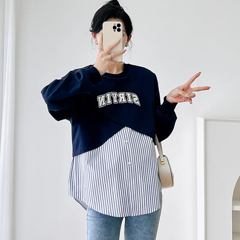 Autumn Fashion Print Maternity Hoodies Plus Size Striped Patchwork Letter O-neck Pregnant Woman Sweater Casual Loose Sweatshirts