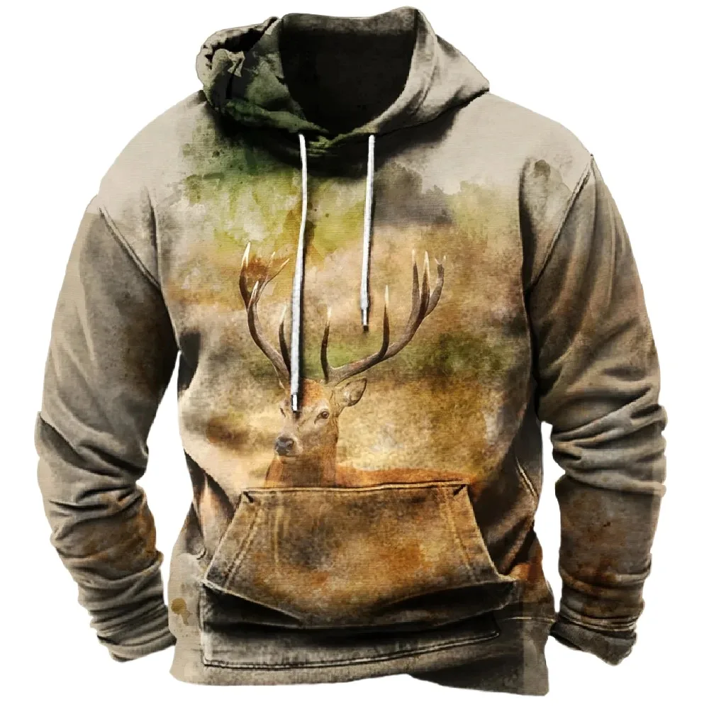 Retro Men's Hooded Sweatshirt Deer 3D Print Long Sleeve Hoodie Fashion Street Pullover Tops Oversized Casual Harajuku Clothes