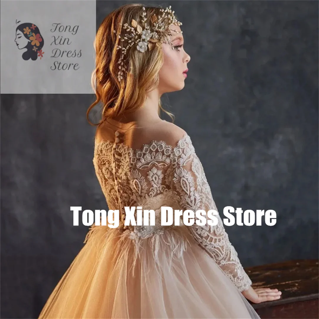 Customized Long Sleeve White Pattern Appliques Flower Girl Dresses Champagne For Wedding Birthday Party Banquet Princess Gowns