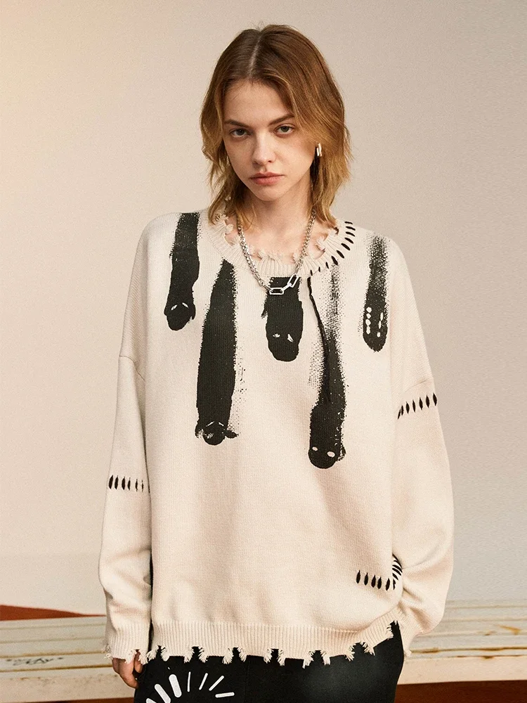 

New Autumn Sweaters Women O-neck Knitted Pullovers Tassel Design Printed Tops Couple Loose Oversized Warm Cozy American Hipster