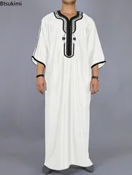 Novo 2025 moda muçulmana abayas para homens retalhos bordado longo robe árabe saudita kaftan masculino jubba thobe islâmico marroquino abaya