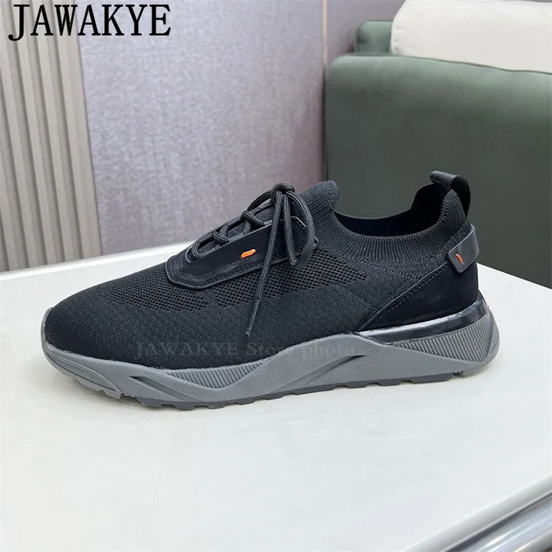 New Men\'s Knited Lace-up Sneakers Shoes Multicolour Casual Comfortable Elastic Flat Shoes Luxury Brand Trainers Walk Shoes Man